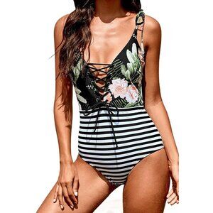 Sexy One Piece Swimsuit Size‎ XL Corset Lace Front Floral Stripe Lined Padded